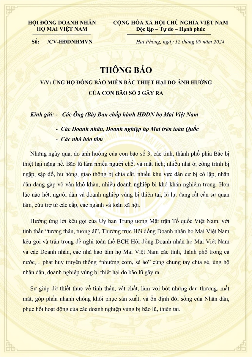 Thông báo của Doanh nhân họ Mai ủng hộ đồng bào bị ảnh hưởng cơn bão số 3