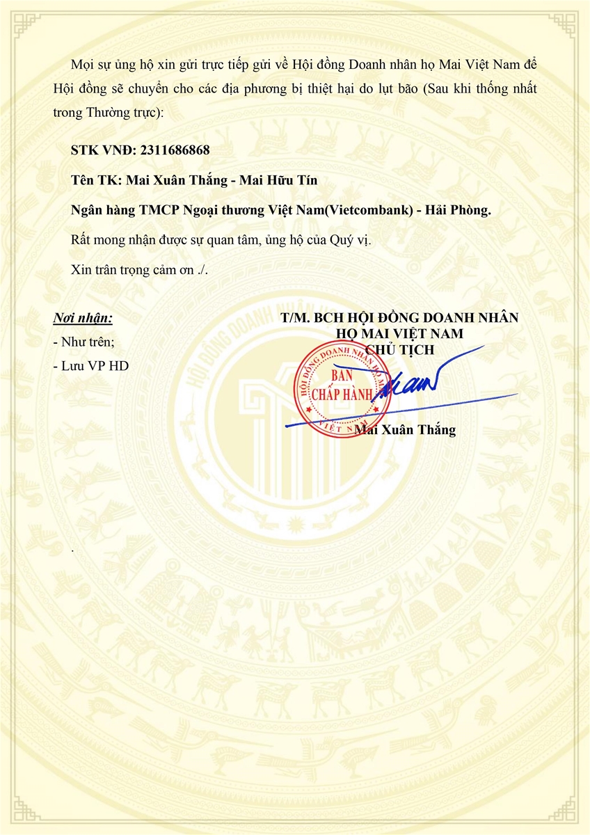 Thông báo của Doanh nhân họ Mai ủng hộ đồng bào bị ảnh hưởng cơn bão số 3