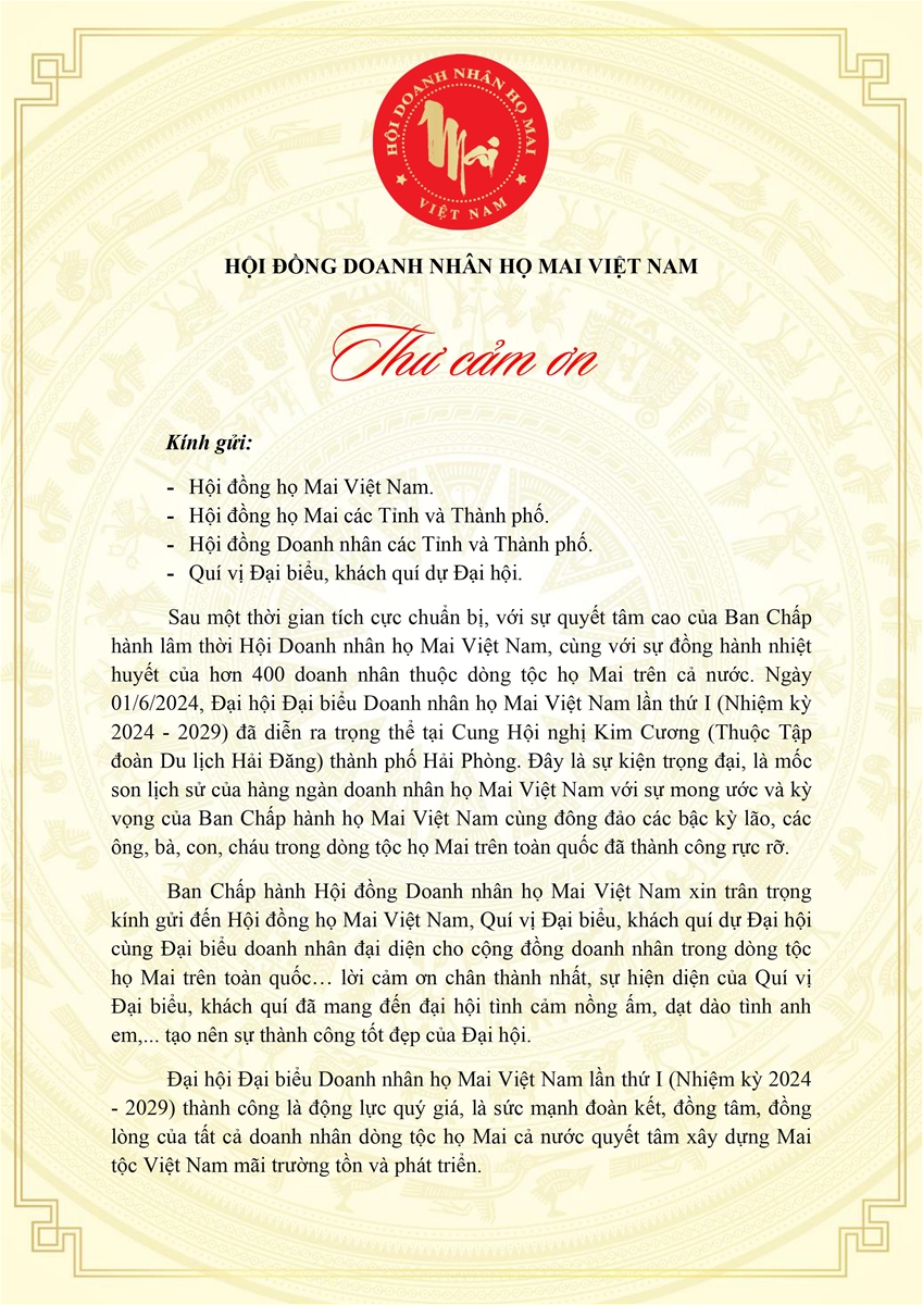 Thư cảm ơn của Hội đồng Doanh nhân họ Mai Việt Nam