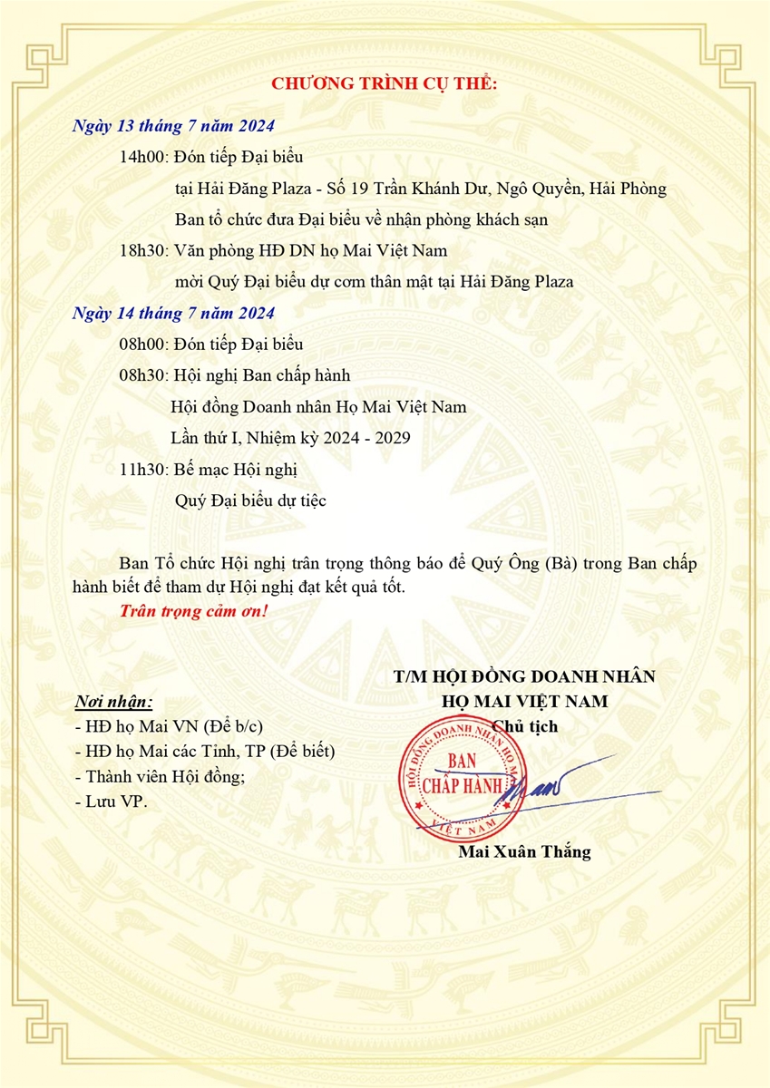 Nội dung chương trình Hội nghị BCH HĐ Doanh Nhân họ Mai Việt Nam tại Hải Đăng Plaza Hải Phòng