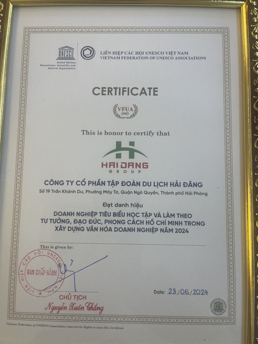 Công ty Cổ phần tập đoàn du lịch Hải Đăng đạt danh hiệu Doanh nghiệp tiêu biểu học tập và làm theo tư tưởng, đạo đức, phong cách Hồ Chí Minh trong xây dựng văn hóa doanh nghiệp năm 2024