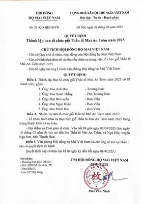 Quyết định thành lập Ban tổ chức Giỗ Thần tổ Mai An Tiêm năm 2025