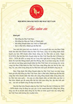 Thư cảm ơn của Hội đồng Doanh nhân họ Mai Việt Nam